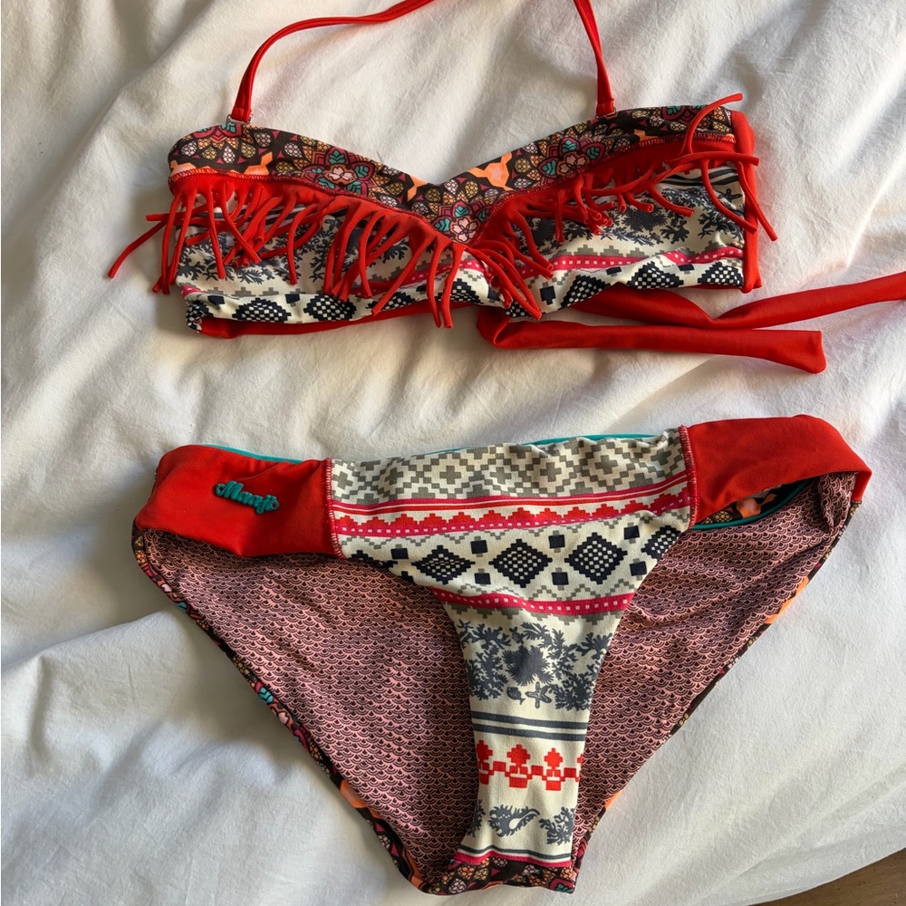 Maaji Red and Multicolor Reversible Fringe Bikini Set